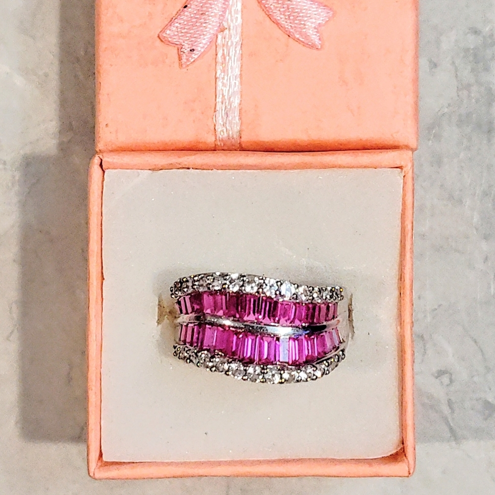VINTAGE 4 ROW ETERNITY BAND BAGUETTE CUT RUBIES & ROUND DIAMONDS SILVER RING - Picture 3 of 12